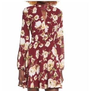 Lucca Burgundy Beige Floral High Neck Keyhole Fit & Flare Mini Dress Size S